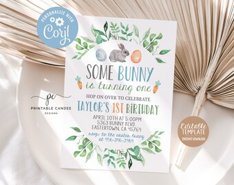 Bunny Birthday Invitation Boy Editable Bunny 1st Birthday Invite Blue Spring Theme Instant download Template