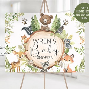 Woodland Baby Shower Backdrop Sign Boy Forest Animals Poster Theme Decor Greenery Wood Table Banner Printable Instant Download