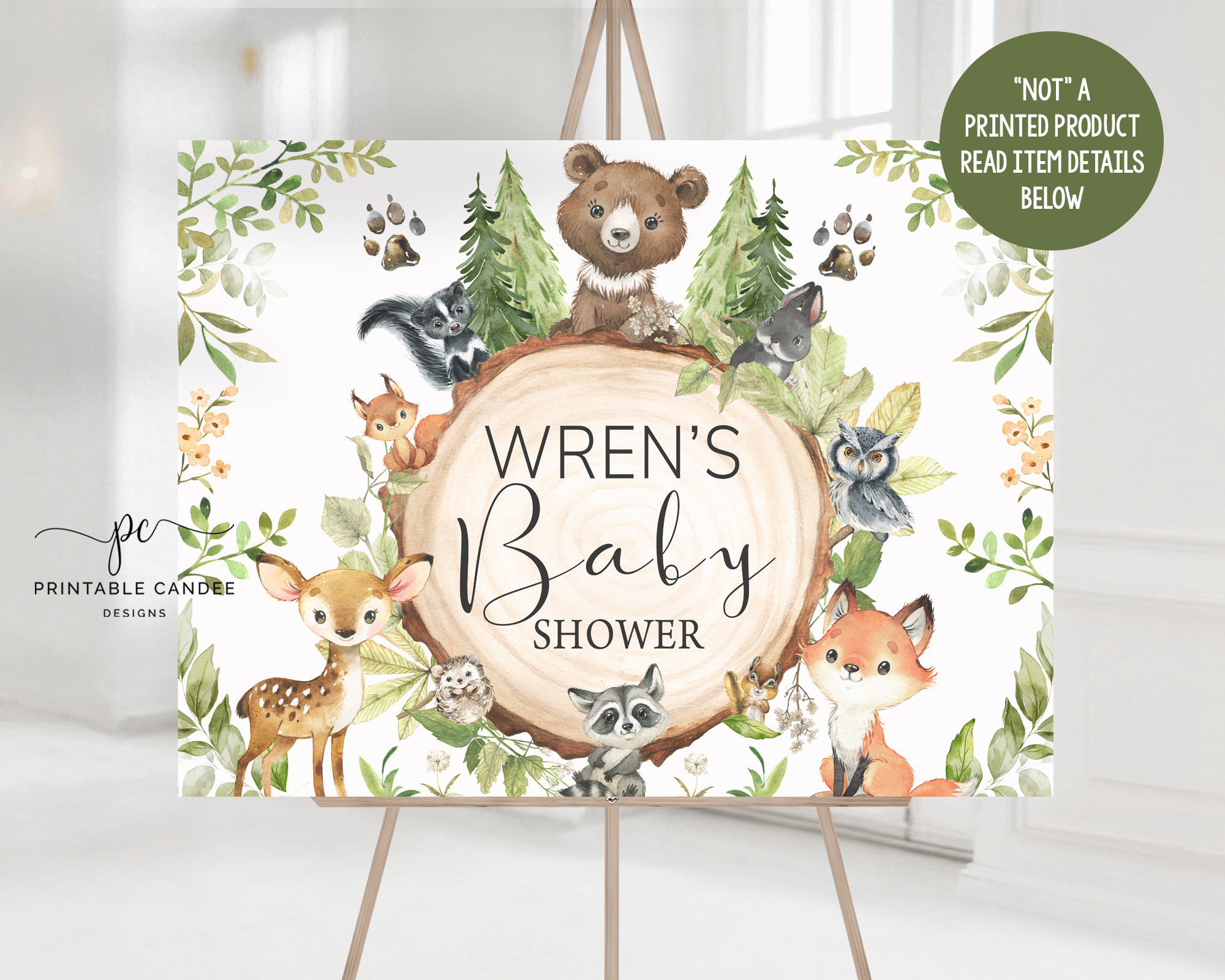 Woodland Baby Shower Backdrop Sign Boy Forest Animals Poster Theme Decor Greenery Wood Table Banner Printable Instant