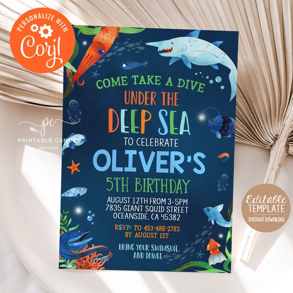 Under the Sea Birthday Invite Editable Deep Sea Creatures Boy Birthday Invitation Ocean Party Template Printable Digital Files