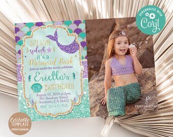 Zeemeermin verjaardagsuitnodiging sjabloon paarse Teal Gold Party thema foto uitnodigen Instant Download bewerkbaar bestand afdrukbaar
