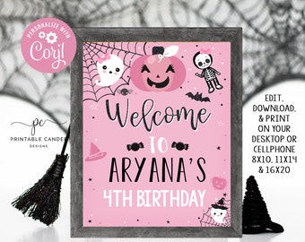 Halloween Welcome Sign Costume Party Girl Invite Theme Pink Spooktacular Editable Template Printable