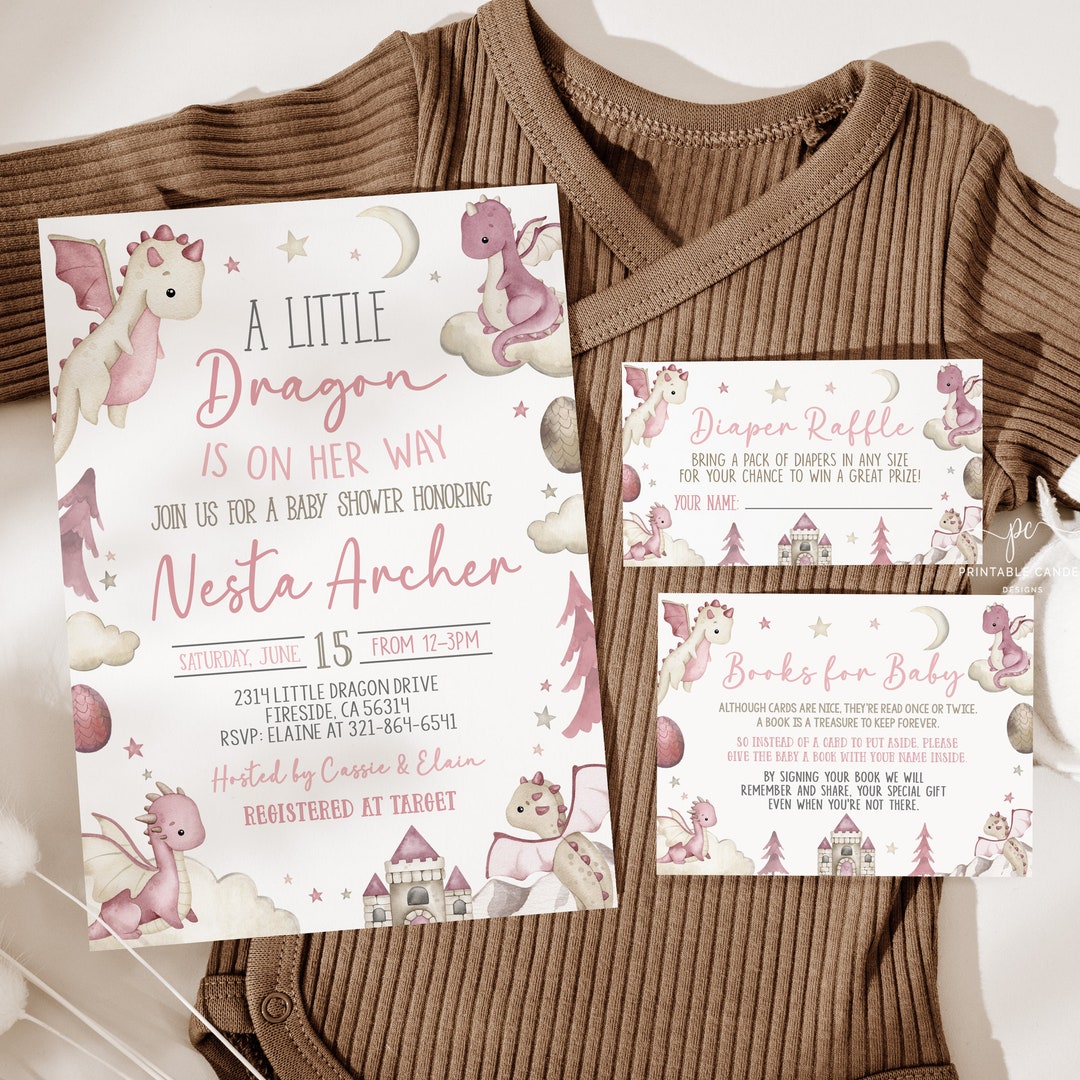 Editable Dragon Baby Shower Invitation Bundle Pink Dragons Theme It's a ...
