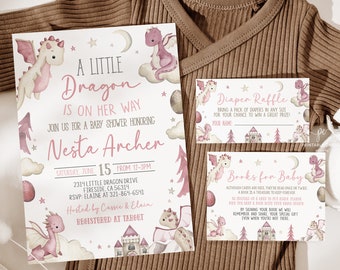 Editable Dragon Baby Shower Invitation Bundle Pink Dragons Theme It's a Girl Template Diaper Raffle Book Cards Printable Invite BGTPS