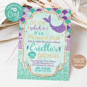 Editable Mermaid Birthday Invite Purple Teal Gold Party Theme Under the Sea Invitation Template Instant Download