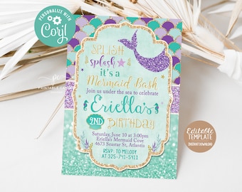 Editable Mermaid Birthday Invite Purple Teal Gold Party Theme Under the Sea Invitation Template Instant Download