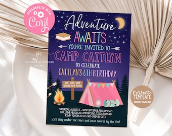 Girl Camping Invitation Editable Birthday Invite Sleepover Party Glamping Adventure Editable Instant Download