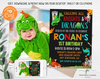 Knights and Dragons Birthday Invitation Editable Dragon Knight Party Printable Invite Boy Birthday Theme Template Instant Download