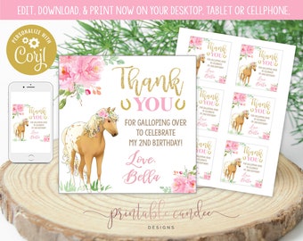 Etiquetas de regalo con forma de caballo, etiqueta de agradecimiento para vaquera, decoración floral para fiesta, plantilla con tema de cumpleaños de niña y caballo