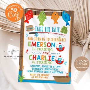 Fishing Birthday Sibling Invitation Two Kids Fishing Double Invite Ofishally Editable Template Printable TTBF