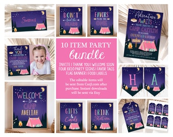 Editable Girl Camping Birthday Party Invitation Bundle Sleepover Pink Party Decor Supplies Glamping Printable Package Template