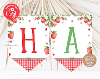 May include: Printable banner with the letters "HA" in red and green, decorated with strawberries and flowers. The banner is designed for a birthday party and includes a red and white checkered pattern.