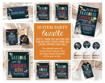 Editable Dragon Birthday Party Invitation Bundle Dragons Theme Party Decor Supplies Boy Printable Package Template