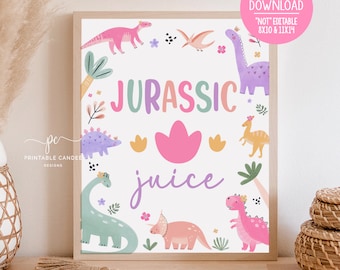 Pastel Dinosaur Drink Sign Girl Dino Birthday Party Theme Jurassic Juice Decor Table Signs Cute Dino Pink Favors Printable DG24