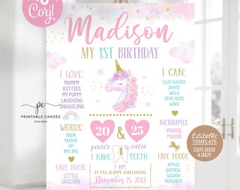 May include: A pink and gold unicorn-themed first birthday milestone poster with the name Madison. The poster includes details like weight, height, and favorite foods. It also includes the text "I love: Mommy, Kitties, My Puppy, Laughing, Snuggling" and "I can: Clap Hands, Dance, Walk, Give Hugs, Wave".