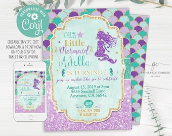Zeemeermin verjaardagsuitnodiging paarse Teal Gold Glitter Party thema uitnodigen Instant Download bewerkbaar bestand afdrukbaar DIY-bestand