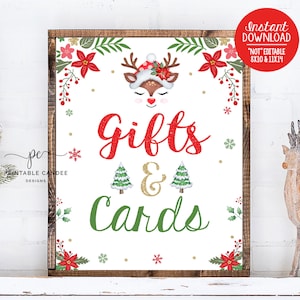 Rentier Geschenke Zeichen Weihnachten Hirsch Geburtstag Tisch Geschenke und Karten Dekor Mädchen Urlaub Party Printable Instant Download