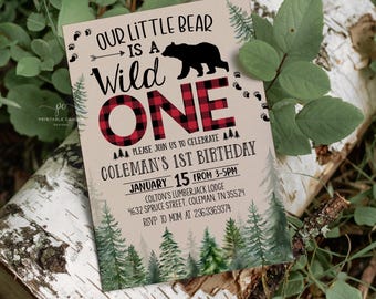 Holzfäller Erster Geburtstag Einladung Vorlage Wild One Bear Invite Boy Rustikal Büffel kariert BPNT