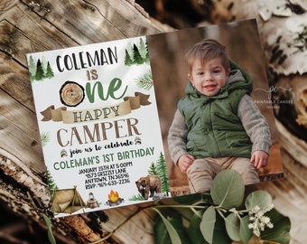 Editable Camping Birthday Invitation One Happy Camper Smores Woodland Bear 1st Printable Template File OHPNT