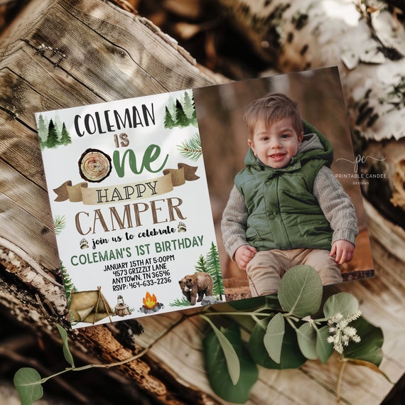 Editable Camping Birthday Invitation One Happy Camper Smores Woodland Bear 1st Printable Template File OHPNT