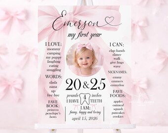 Pink Bow Birthday Stats Sign Template Coquette Milestone Poster Girly Bow Party Decor