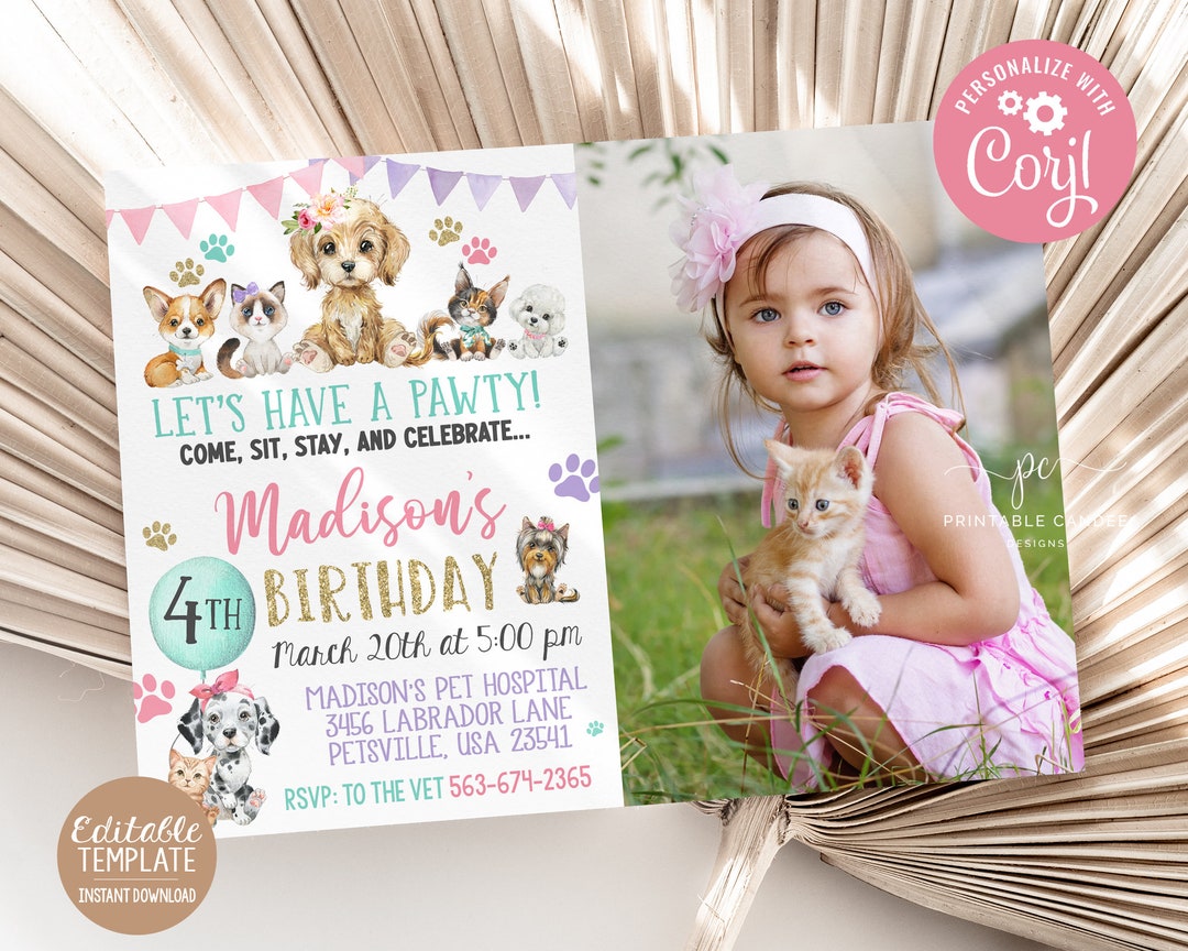 Editable Girl Puppy Kitten Birthday Invitation Cat Dog Party Pink ...