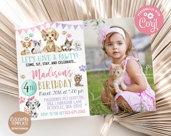 May include: A pink and blue birthday invitation with a paw print theme. The invitation features a cartoon dog and the text "Let's Have a Pawty! Come, Sit, Stay, and Celebrate... Madison's 4th Birthday March 20th at 5:00 pm Madison's Pet Hospital 3456 Labrador Lane Petsville, USA 23541 RSVP: To the Vet 563-674-2365".