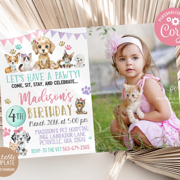 Editable Girl Puppy Kitten Birthday Invitation Cat Dog Party Pink Watercolor Pet Theme Pawty Invite Photo Template Printable