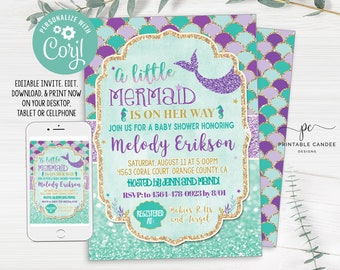 May include: A teal and purple baby shower invitation with a mermaid illustration and gold glitter accents. The invitation reads "A little mermaid is on her way" and includes the name "Melody Erikson".