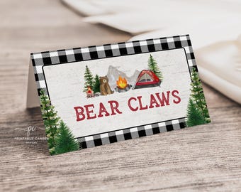 Camping Party Food Labels Template Bear Lumberjack Birthday Decor Printable BWPC