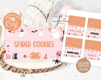 Puede incluir: Etiquetas imprimibles para bolsas de golosinas de Halloween con fondo rosa y telarañas naranjas. Las etiquetas presentan lindos fantasmas, calabazas, gatos y dulces de dibujos animados. El texto en las etiquetas dice "Spider Cookies", "Ghoulush", "Mummy Mash" y "Eyeballs".