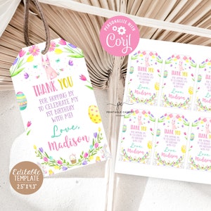 Easter Birthday Editable Favor Tags Adorable Pink Bunny Party Favors Decor Template Spring Floral Theme PEB24
