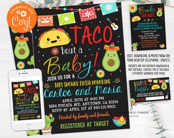 Può includere: Un invito a una festa di baby shower in stile lavagna in bianco e nero con accenti colorati. L'invito recita "Taco 'bout a Baby!" e presenta un taco e un avocado di cartone animato. L'invito è per una festa di baby shower per Carlos e Maria. L'invito include la data, l'ora e il luogo della festa. L'invito include anche le informazioni RSVP e le informazioni di registrazione.