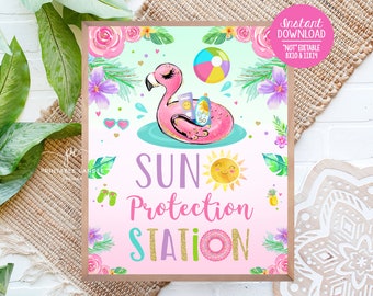 Flamingo Pool Party Sun Protection Station Sign Girl Birthday Tropical Summer Printable Flamingo Theme Sunscreen Table Sign Printable