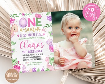 Dinosaure 1er anniversaire Invitation modifiable bébé Dino première invitation rose fille dinosaure fête modèle Photo numérique téléchargement instantané