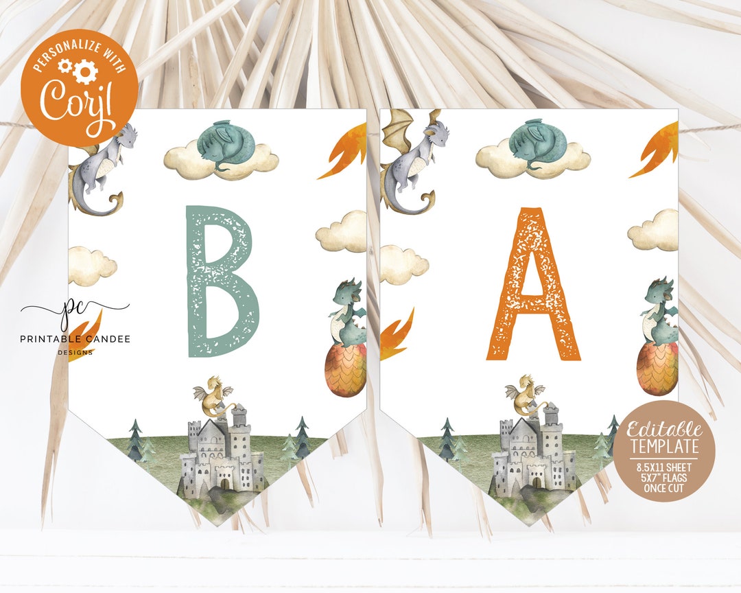Editable Dragon Baby Shower Flag Banner Boy Dragons Theme Party Flags ...
