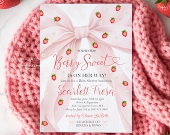 Strawberry Baby Shower Invitation Berry Sweet Girl Invite Coquette Theme
