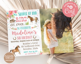 May include: A pink and blue birthday invitation with a horse and a girl. The invitation says "Saddle Up and Ride" to celebrate Madeline's 5th birthday. The party is on Saturday, August 14th at 3:00pm at Madeline's Corral, 126 Saddlenotch Drive, Horseshoe, Idaho. RSVP by 8/1 at 231-641-742.