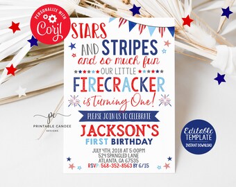 4th of July 1st Birthday Invitation Firecracker Patriotic Stars Stripes American First Editable Template Download Printable