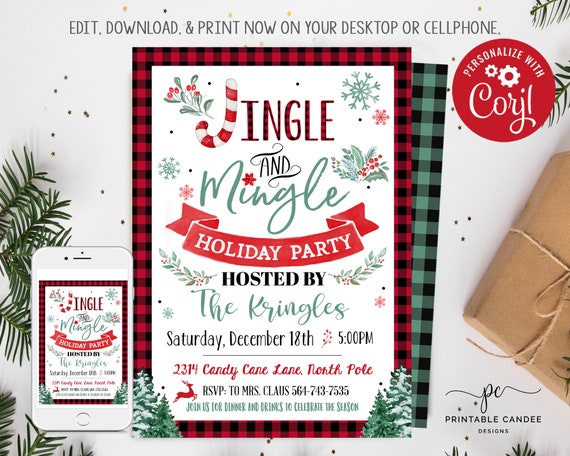 Christmas Party Invitation Holiday Party Jingle And Mingle Red And 