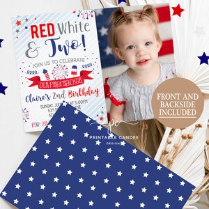 Puede incluir: Invitaci&oacute;n de cumplea&ntilde;os roja, blanca y azul con una foto de una ni&ntilde;a. La invitaci&oacute;n dice "Red White & Two!" y "Claire's 2nd Birthday".