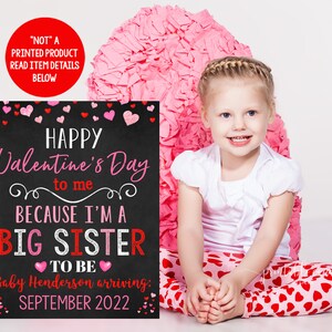 Valentine&#39;s Day Pregnancy Announcement Gold Red Promoted to Big Sister Sign Sweetheart Printable Chalkboard File