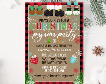 May include: A Christmas pajama party invitation with a red and black buffalo plaid background. The invitation features a festive design with cartoon characters, snowflakes, and a Christmas tree. The text reads "Please join us for a Christmas pajama party, Bundle up for some festive fun! December 7th at 6:00pm, The Wilson's Home, 5632 Cocoa Avenue, The North Pole, CA, RSVP to Mrs. Claus at 563-689-3257, Wear your favorite pajamas!"
