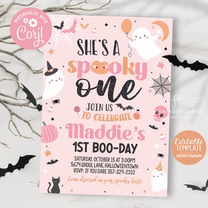 Editable Halloween Pink Ghost 1st Birthday Invite Girl Cute Hey Boo Theme Spooky One Invitation Template Instant Download Printable