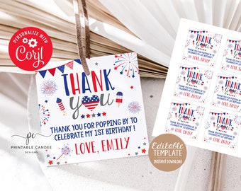 4th of July Favor Tags Red White and Blue Firecracker Birthday Favors Patriotic Stars Stripes Party Decor Download Printable