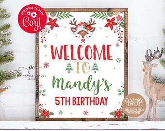 Rentier Willkommen Schild Vorlage Weihnachten Hirsch Geburtstag Türschild Dekor Mädchen Urlaub Party bearbeitbar Druckbar Sofort Download