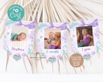 May include: A printable banner with three mermaid-themed flags. Each flag has a photo frame and a different age milestone: Newborn, 6 months, and 1 year. The flags are decorated with purple, green, and gold accents.