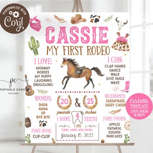Segno di pietra miliare modificabile Cowgirl 1 ° Rodeo Birthday Party Theme Wild West Statistiche Segno Pink Ranch Decor Modello stampabile per il download immediato