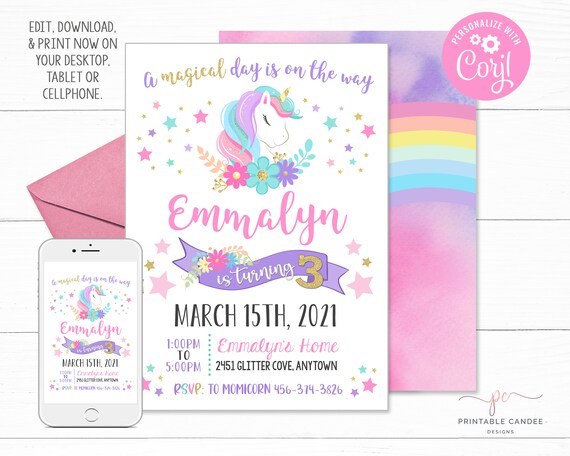 unicorn invitation editable unicorn birthday invite rainbow etsy