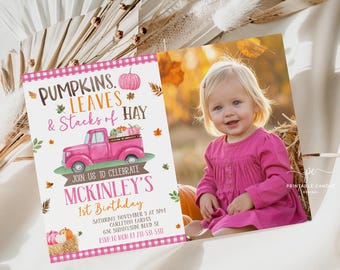 Editable Pink Pumpkin Birthday Invitation Girl Fall Truck Party Invite Photo Template